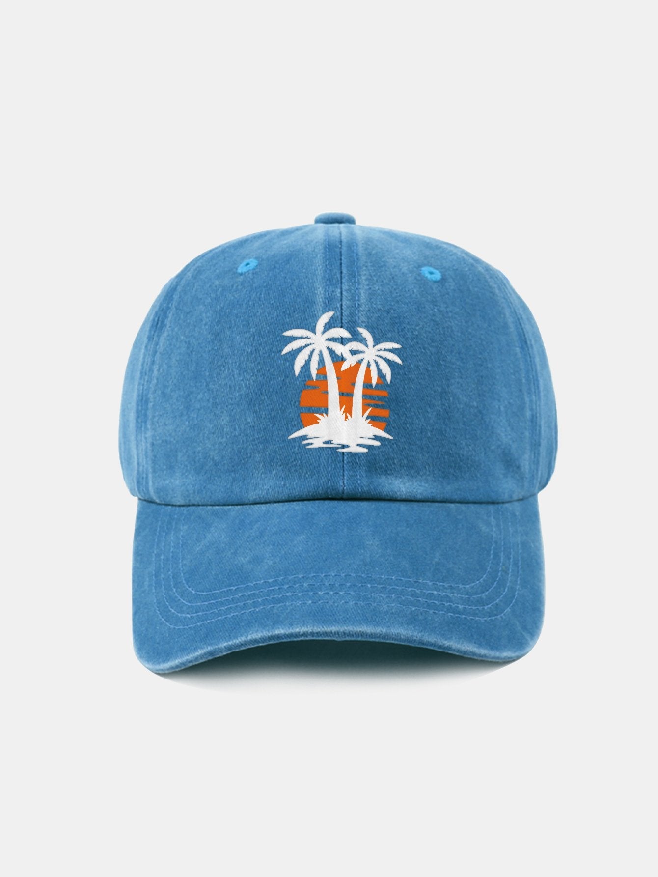 Klassische, lässige Baseballkappe aus gewaschener Baumwolle im Retro-Stil mit Kokosnussbaum-Sonnenuntergangsmuster 
