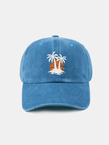 Klassische, lässige Baseballkappe aus gewaschener Baumwolle im Retro-Stil mit Kokosnussbaum-Sonnenuntergangsmuster 