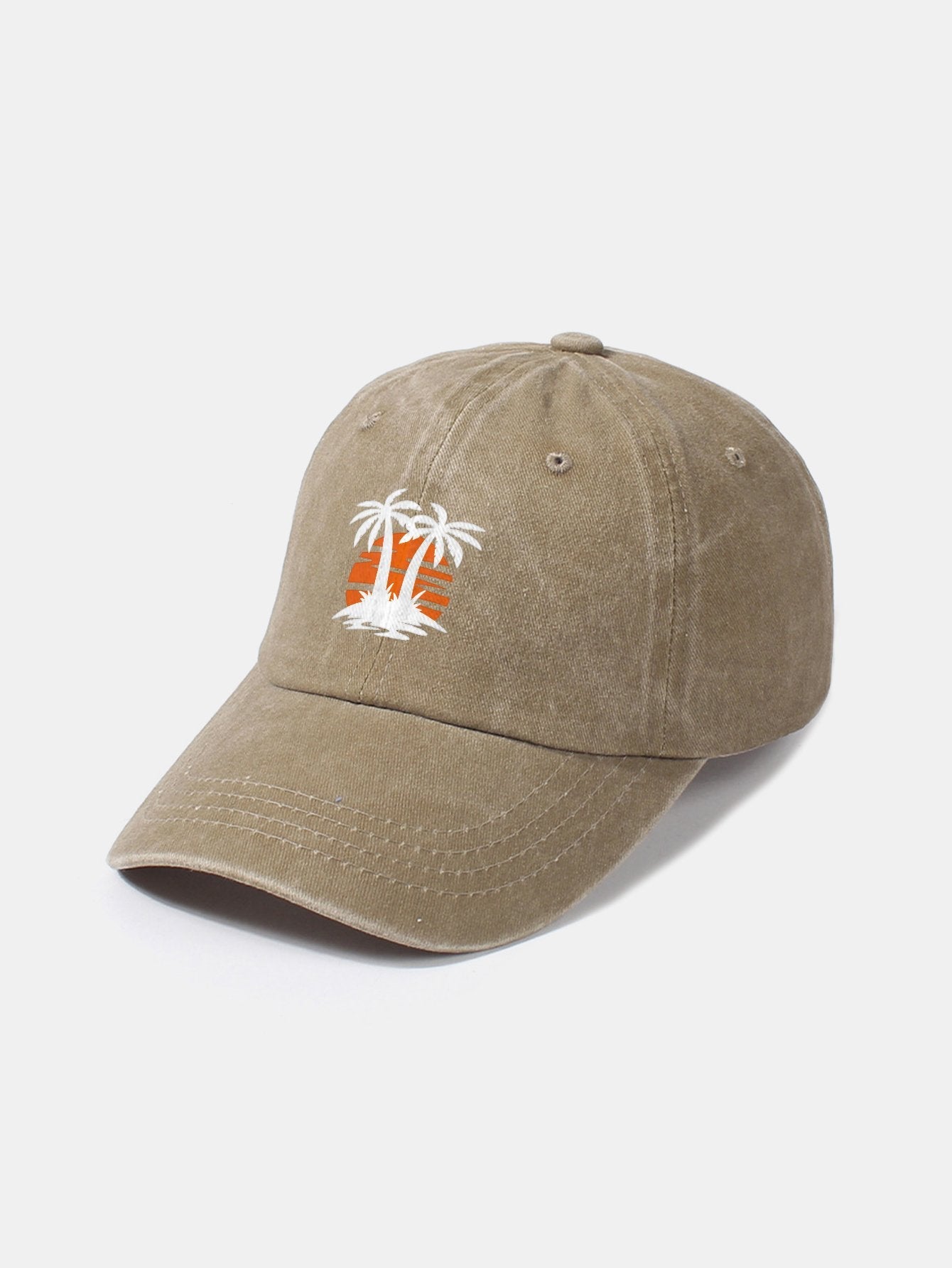 Klassische, lässige Baseballkappe aus gewaschener Baumwolle im Retro-Stil mit Kokosnussbaum-Sonnenuntergangsmuster 