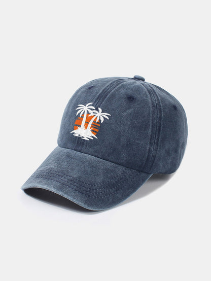 Klassische, lässige Baseballkappe aus gewaschener Baumwolle im Retro-Stil mit Kokosnussbaum-Sonnenuntergangsmuster 