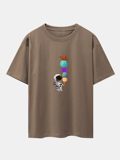 Oversize-T-Shirt mit überschnittener Schulter und Planet-Astronaut-Print