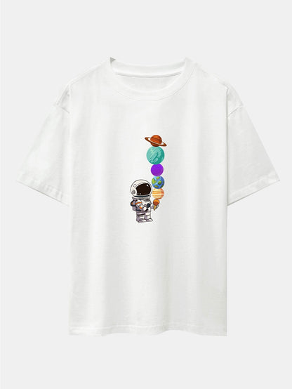 Oversize-T-Shirt mit überschnittener Schulter und Planet-Astronaut-Print