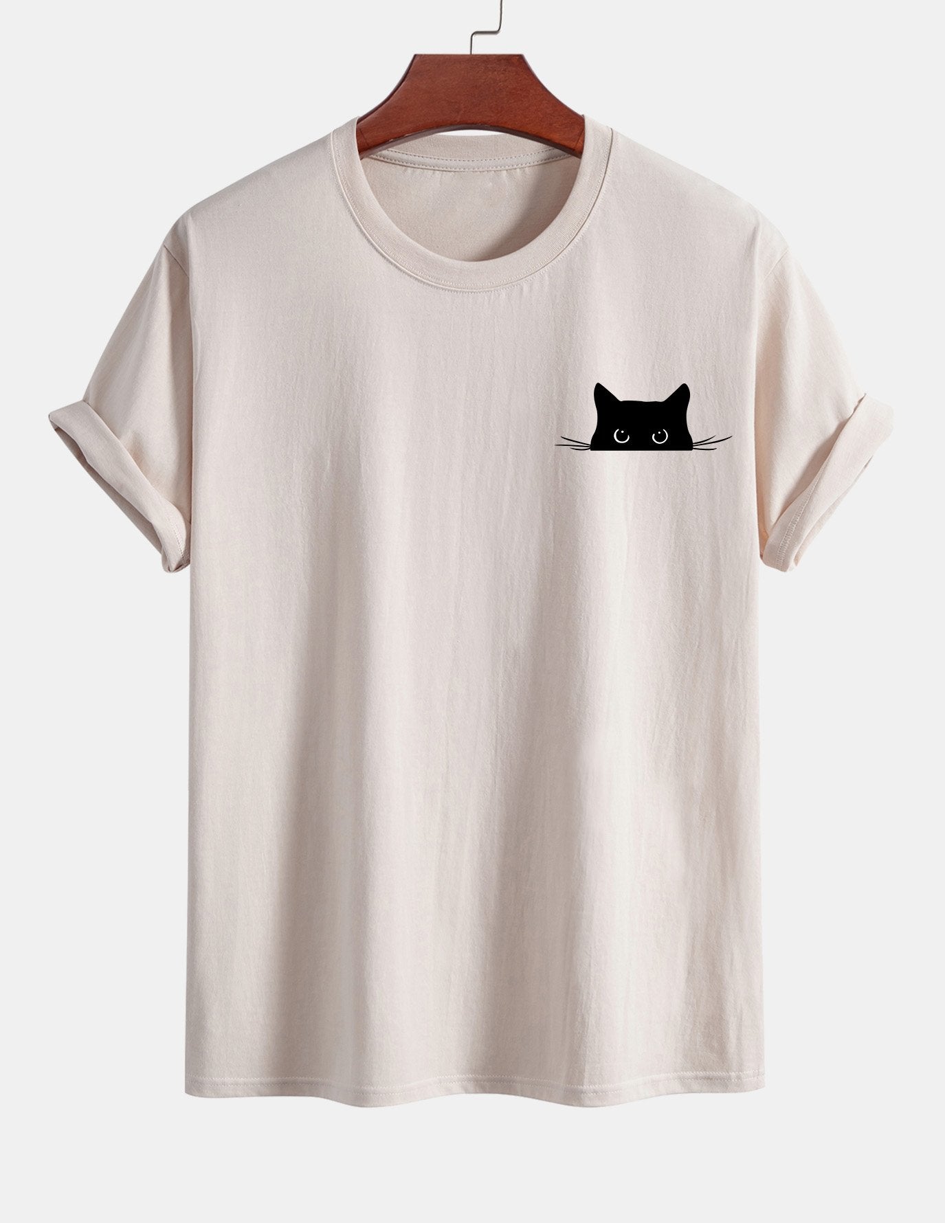 Schwarzes Baumwoll-T-Shirt mit Katzen-Print in normaler Passform