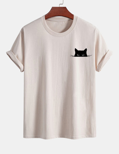 Schwarzes Baumwoll-T-Shirt mit Katzen-Print in normaler Passform
