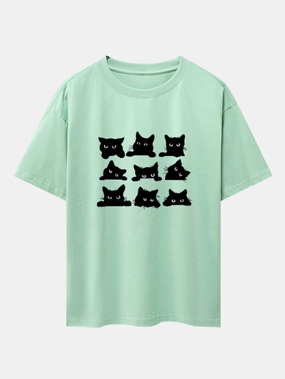 Black Cat Staring Print Drop Shoulder Oversize T-Shirt