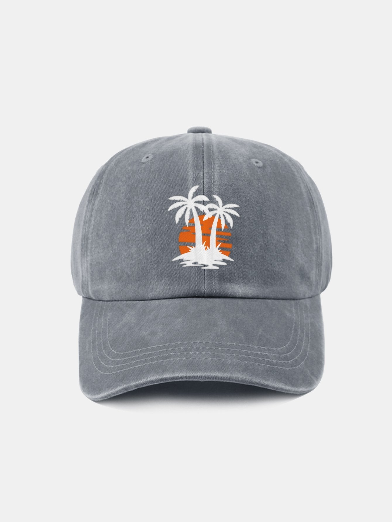Klassische, lässige Baseballkappe aus gewaschener Baumwolle im Retro-Stil mit Kokosnussbaum-Sonnenuntergangsmuster 