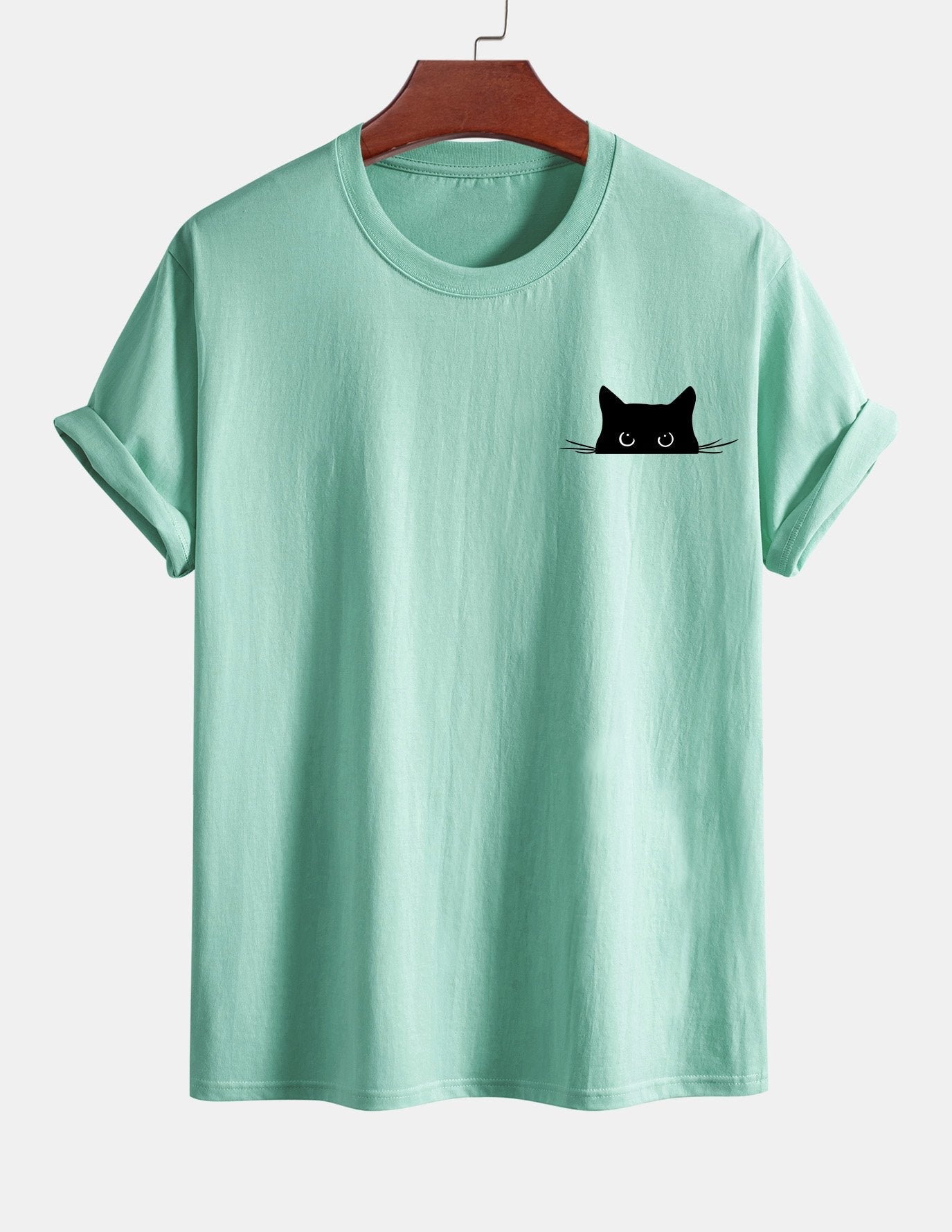 Schwarzes Baumwoll-T-Shirt mit Katzen-Print in normaler Passform