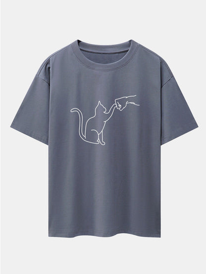 Fist Bump Cat Print Drop Shoulder Oversize T-Shirt