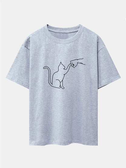 Fist Bump Cat Print Drop Shoulder Oversize T-Shirt
