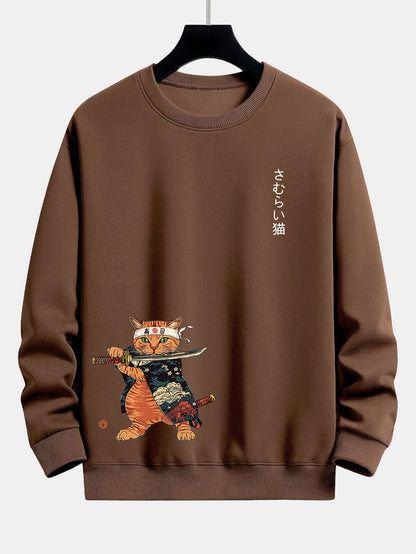 Relaxed Fit Sweatshirt mit Samurai-Kriegerkatzen-Print