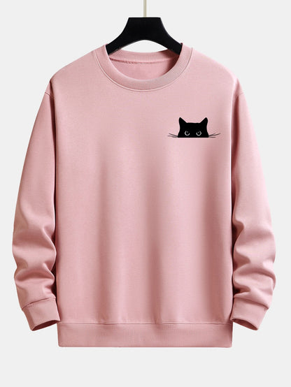 Schwarzes Relaxed Fit Sweatshirt mit Katzen-Print