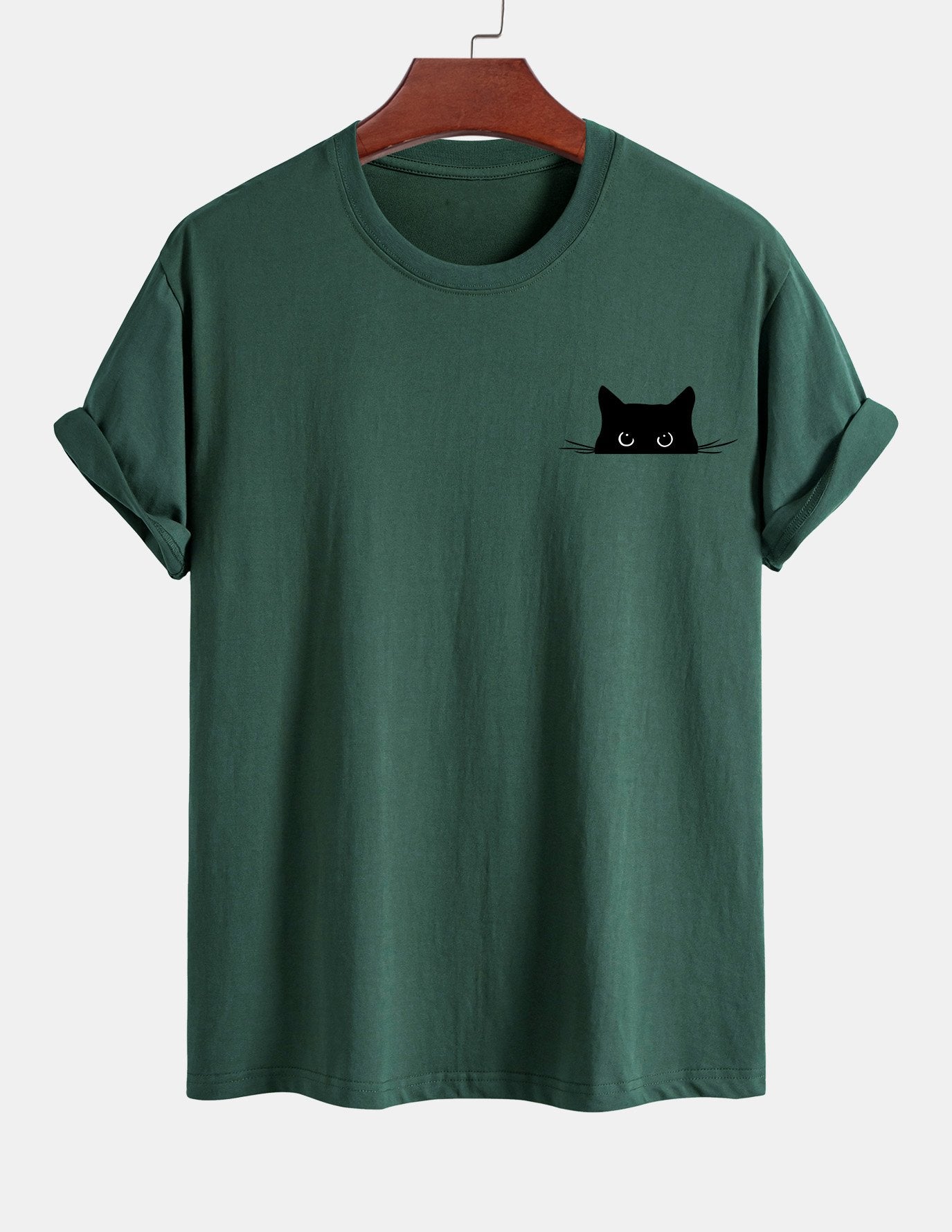Schwarzes Baumwoll-T-Shirt mit Katzen-Print in normaler Passform