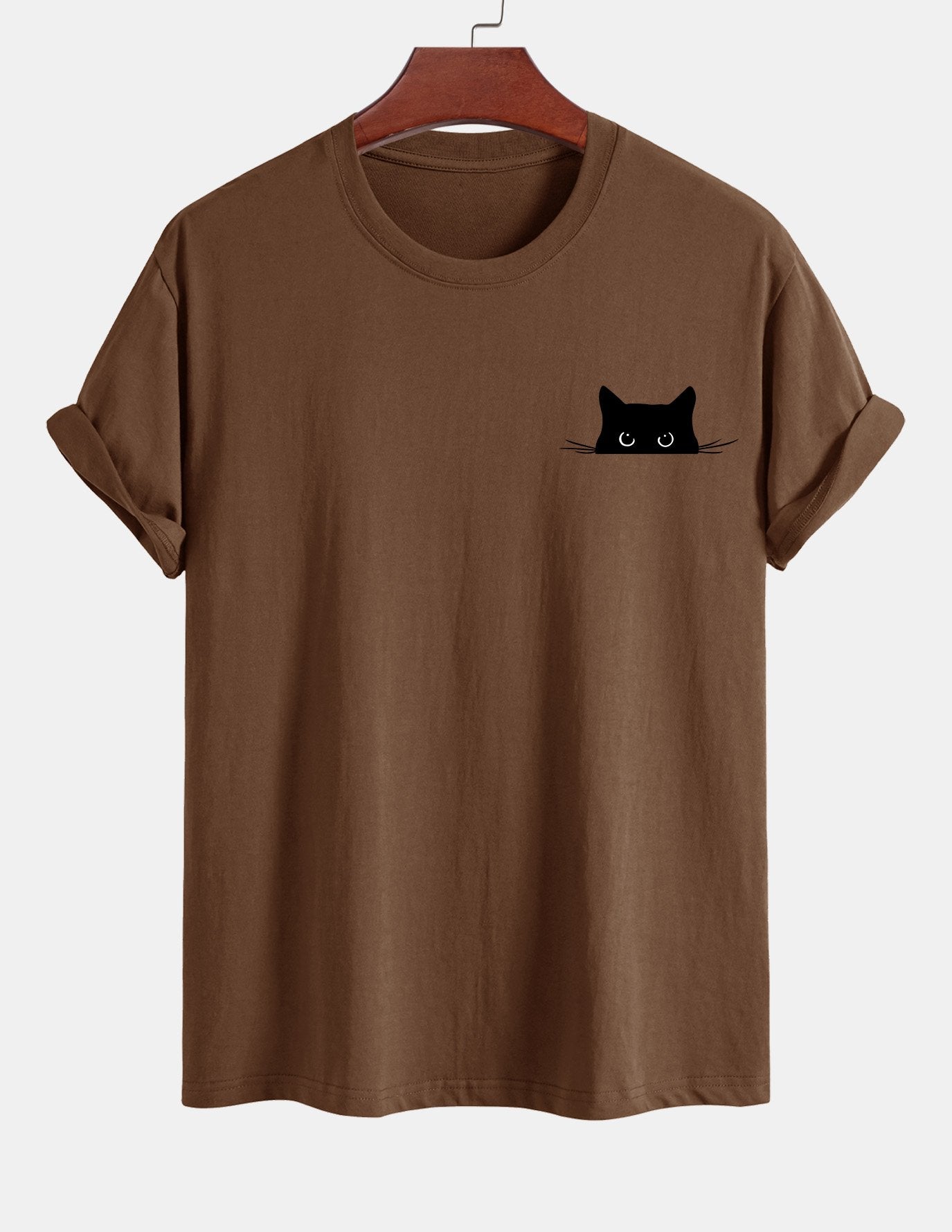 Schwarzes Baumwoll-T-Shirt mit Katzen-Print in normaler Passform