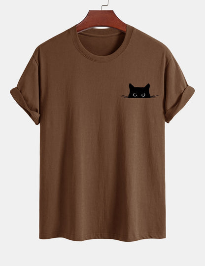 Schwarzes Baumwoll-T-Shirt mit Katzen-Print in normaler Passform