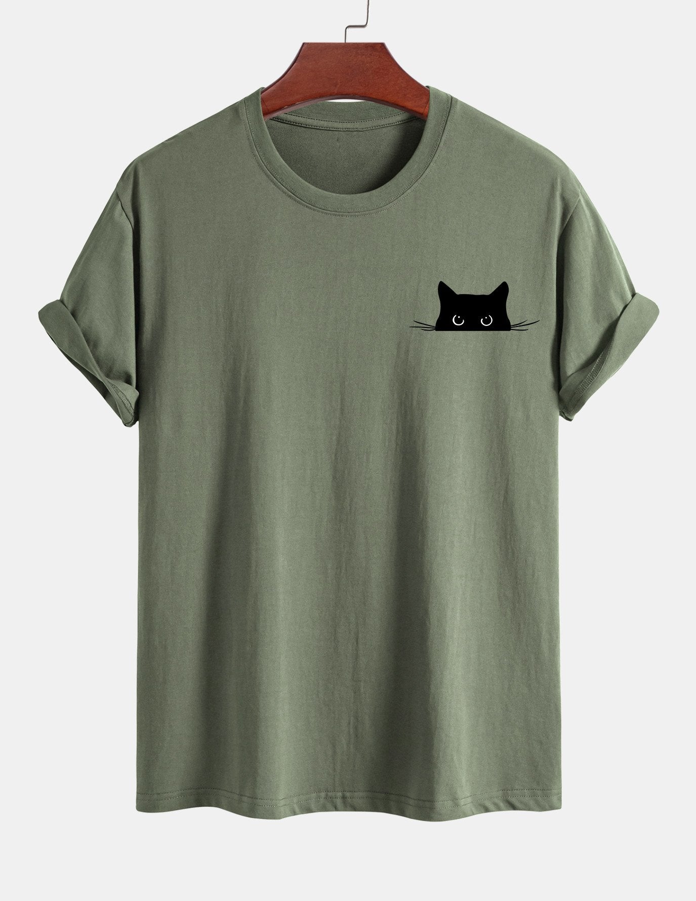Schwarzes Baumwoll-T-Shirt mit Katzen-Print in normaler Passform