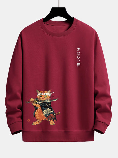 Relaxed Fit Sweatshirt mit Samurai-Kriegerkatzen-Print