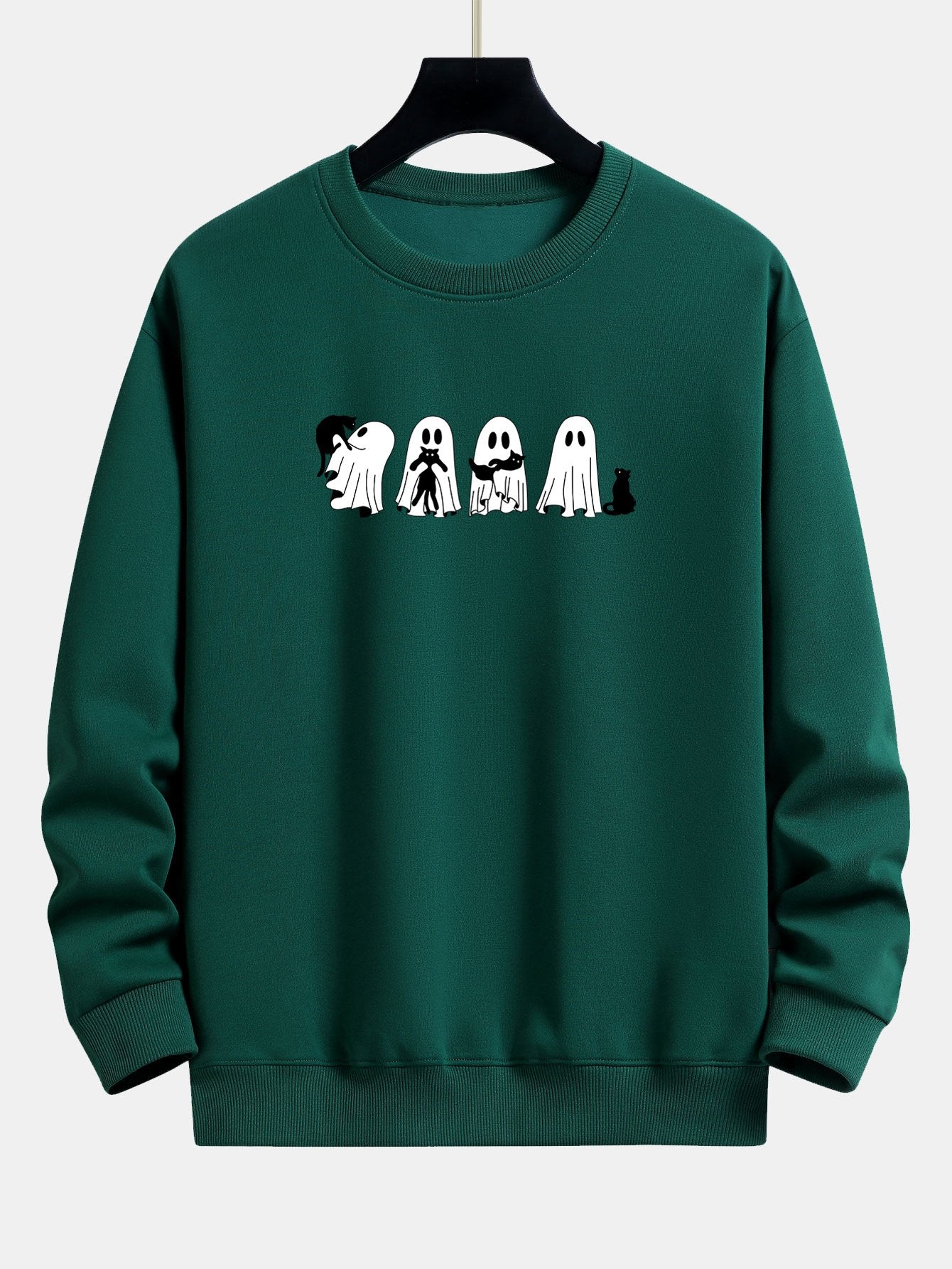 Schwarzes Relaxed Fit Sweatshirt mit Katzengeist-Print