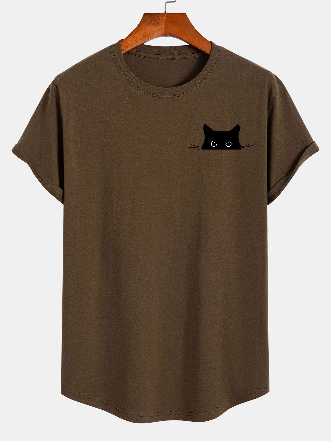 Schwarzes Baumwoll-T-Shirt mit Katzen-Print und Bogensaum