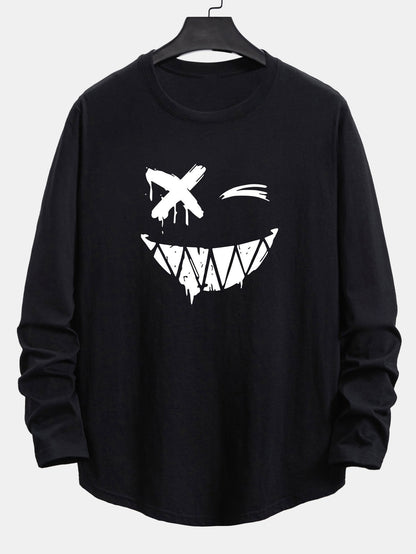 Long Sleeve Graffiti Smiley Face Print Cotton Arc Hem T-Shirt